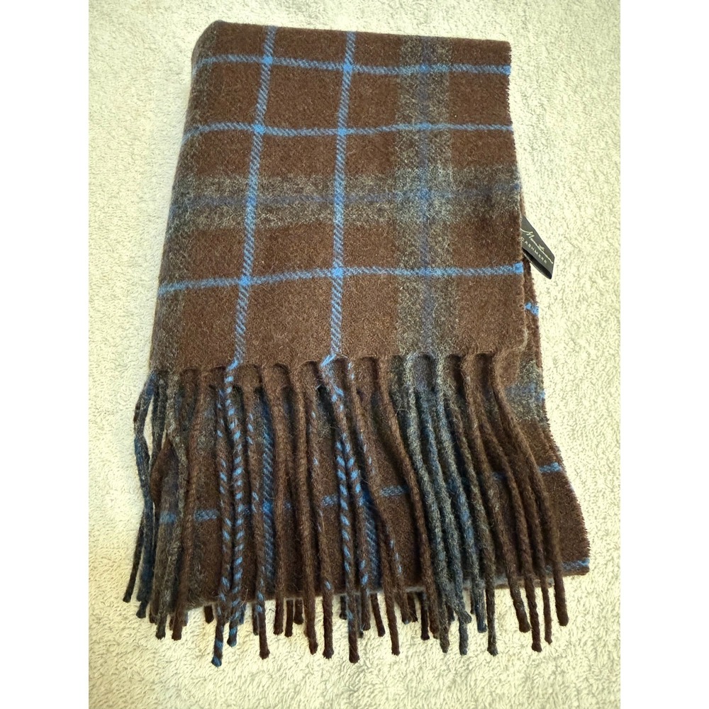 Enzo Mantovani 100% Cashmere Scarf Brown Blue Plaid Check Fringed Made in Italy